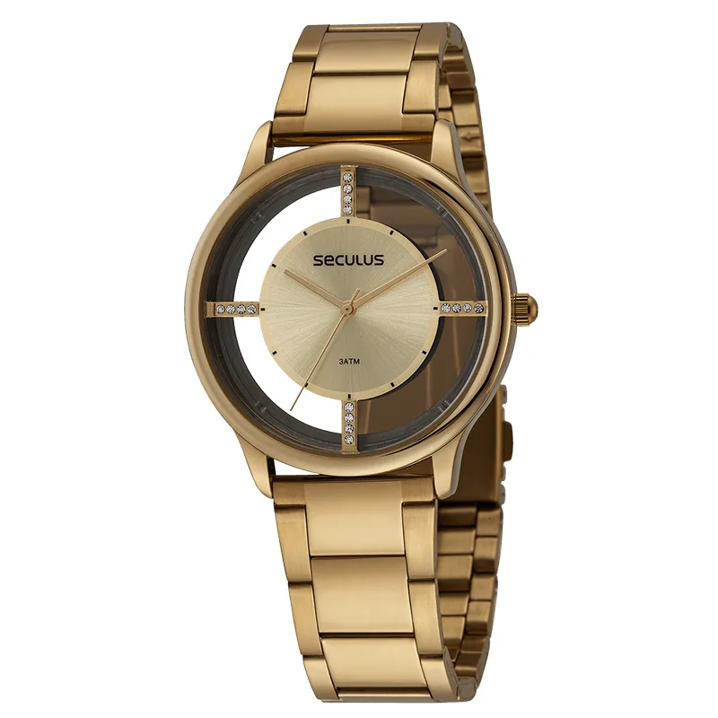 Relógio Feminino Cristais Transparente Dourado
