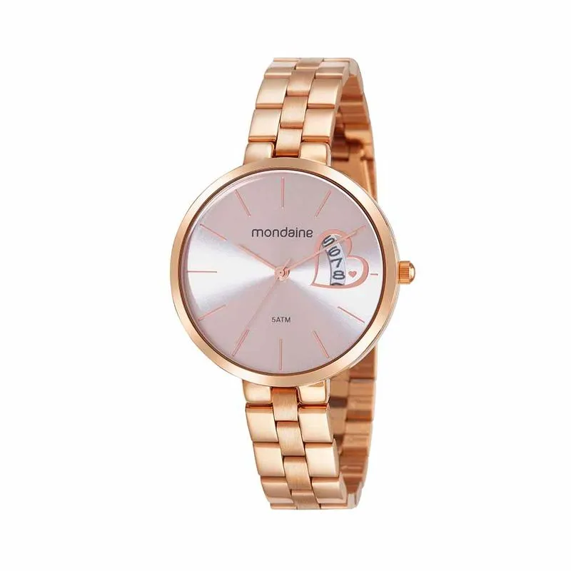 Relógio Feminino Calendário Coração Rosé