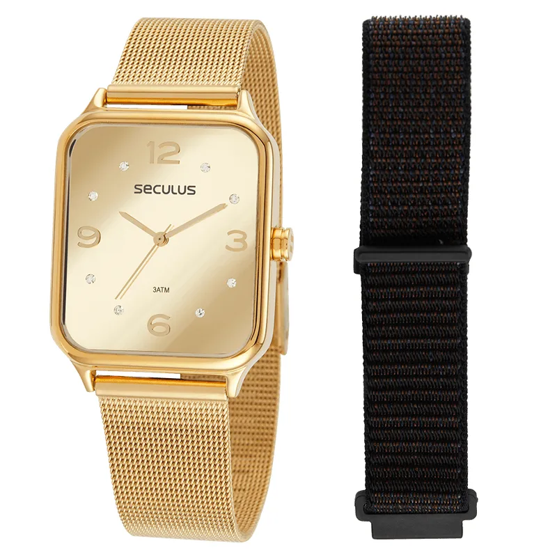Relógio Feminino Calendário Casual Dourado