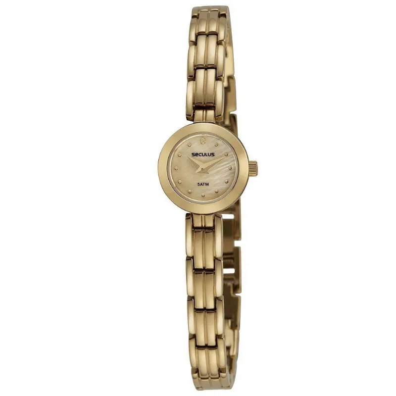 Relógio Feminino Madrepérola Dourado Clássico com Pulseira Aço Inox Séculus 1,7CM