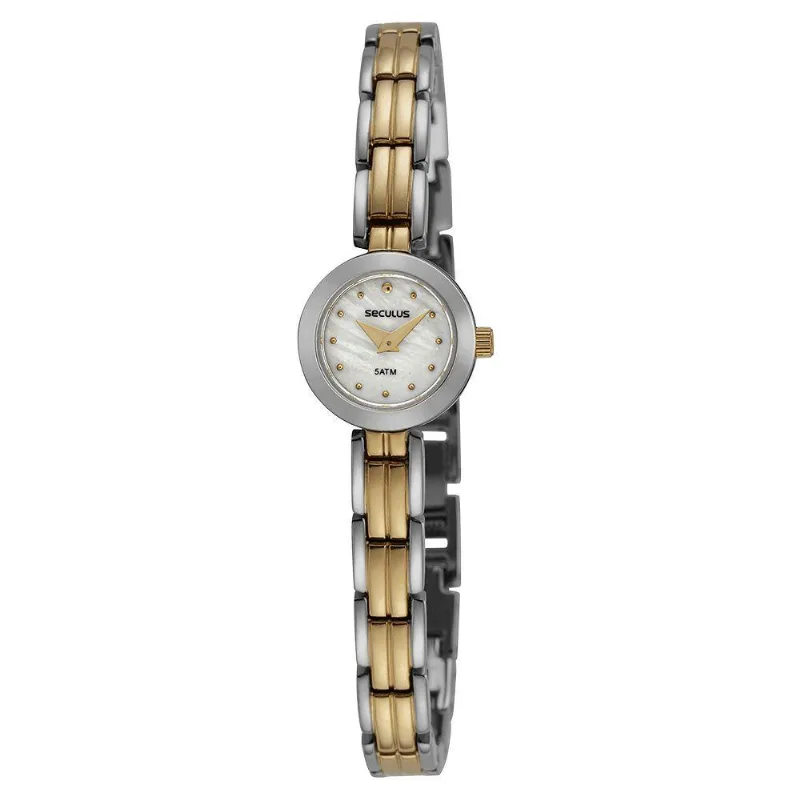 Relógio Feminino Madrepérola Clássico Aço Inox Prata e Dourado Séculus 17MM