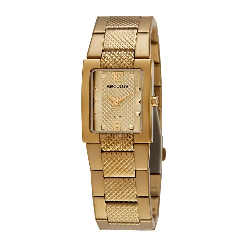 Relógio Feminino Quadrado Texturizado Dourado