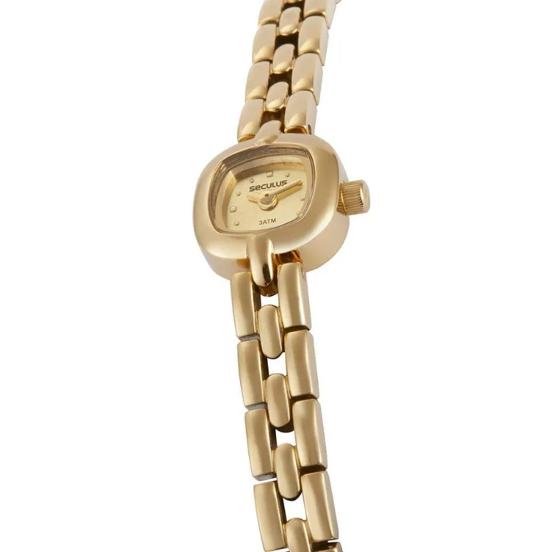 Relógio Feminino Quadrado Clássico Analógico em Aço Inox Dourado Séculus