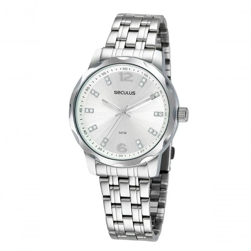 Kit Relógio Feminino Amor Analógico Aço Inox com Cristais Cor Prata Séculus 42MM