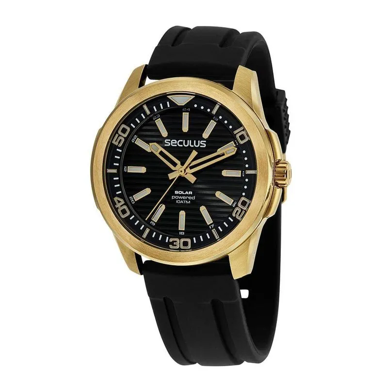 Relógio Masculino Analógico Solar em Silicone Preto Séculus 49MM