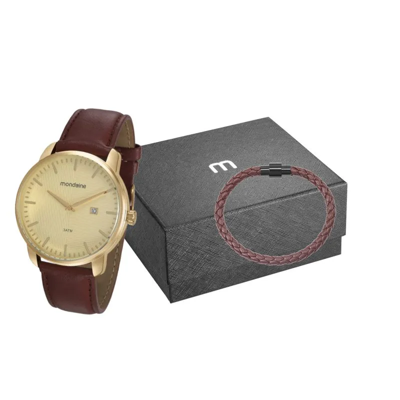 Kit Relógio Masculino Calendário Minimalista Marrom