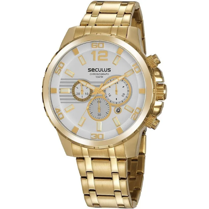 Relógio Masculino Cronógrafo em Aço Inox Dourado Séculus 48MM