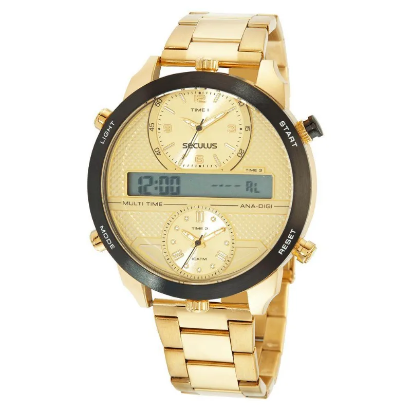 Relógio Masculino Multimáquina Analógico em Aço Inox com LED Dourado Séculus