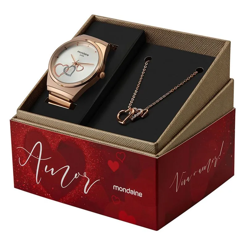Kit Relógio Feminino Coração Rosé com Colar