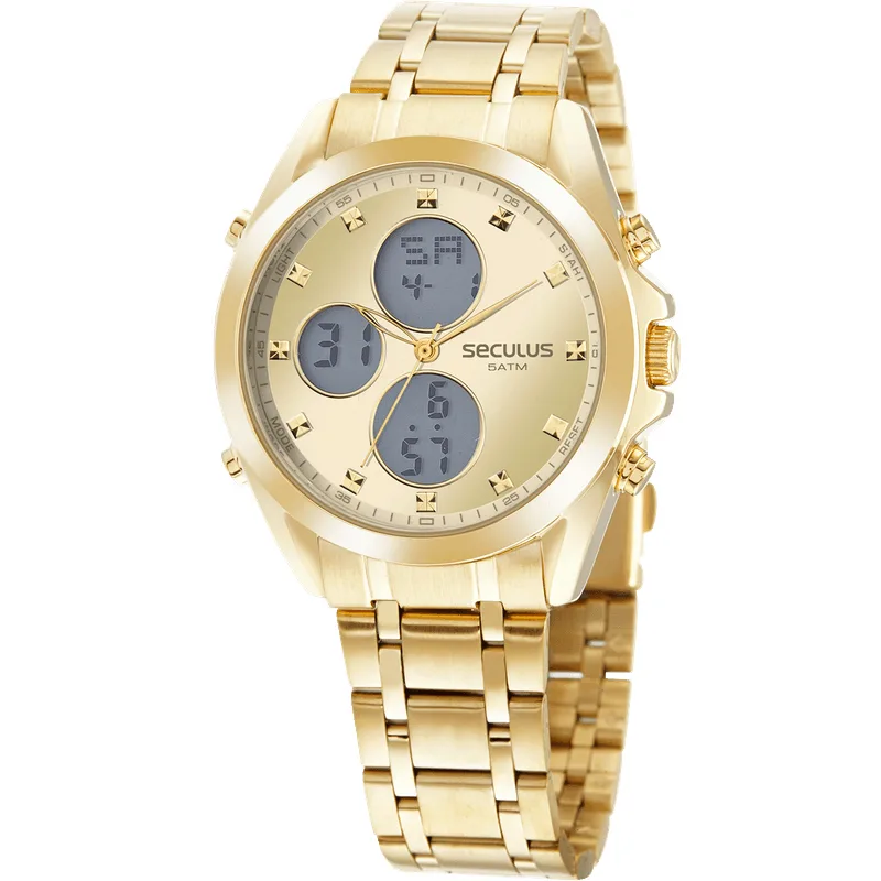 Relógio Masculino Anadigi Moderno Dourado