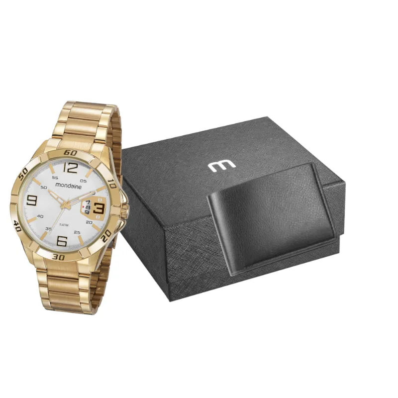 Kit Relógio Masculino Dourado com Carteira