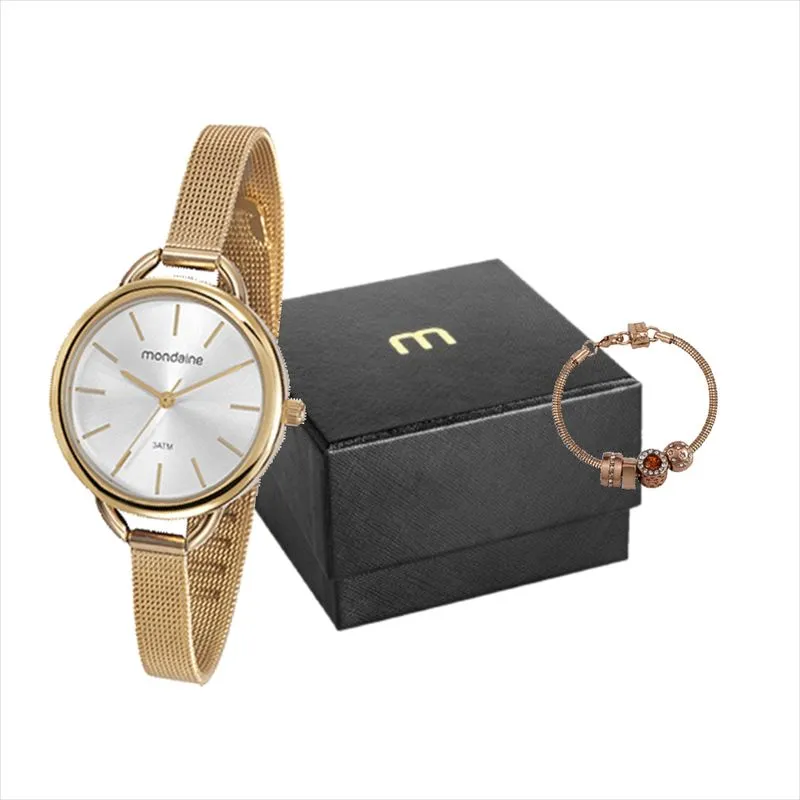 Kit Relógio Malha de Aço Dourado Com Pulseira de Berloques