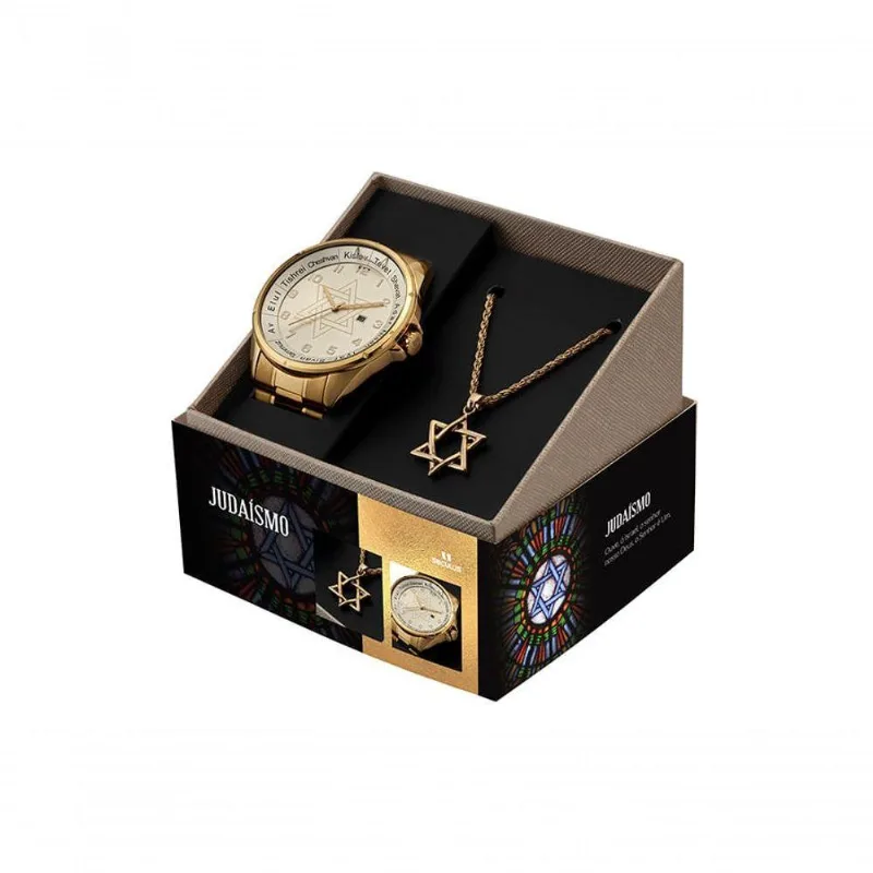 Kit Relógio Masculino Analógico com Calendário com Colar Judaísmo Dourado Séculus