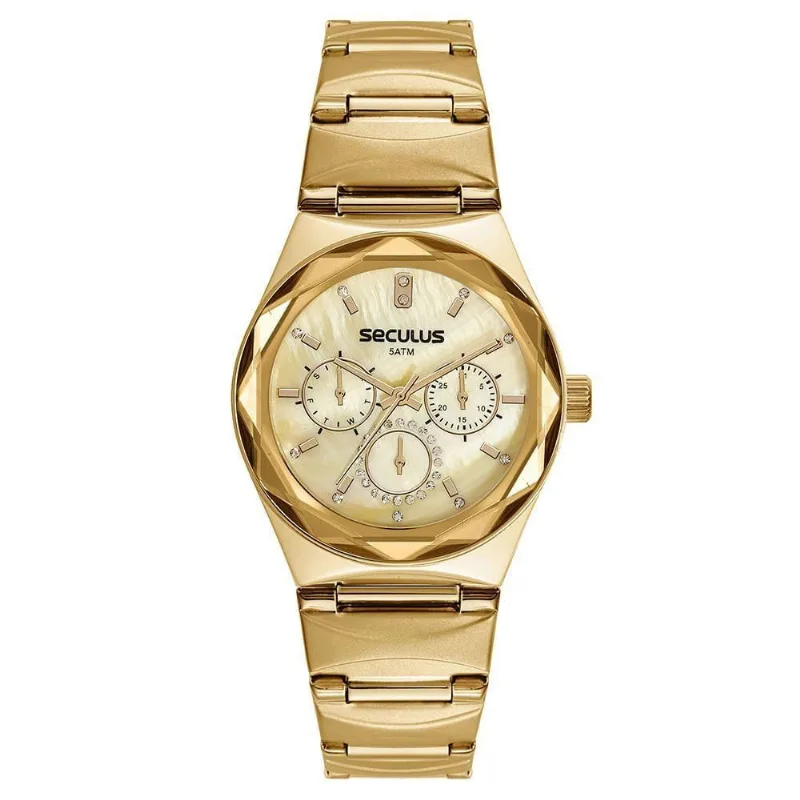 Relógio Feminino Multifunção Aço Inox com Cristais Dourado Séculus