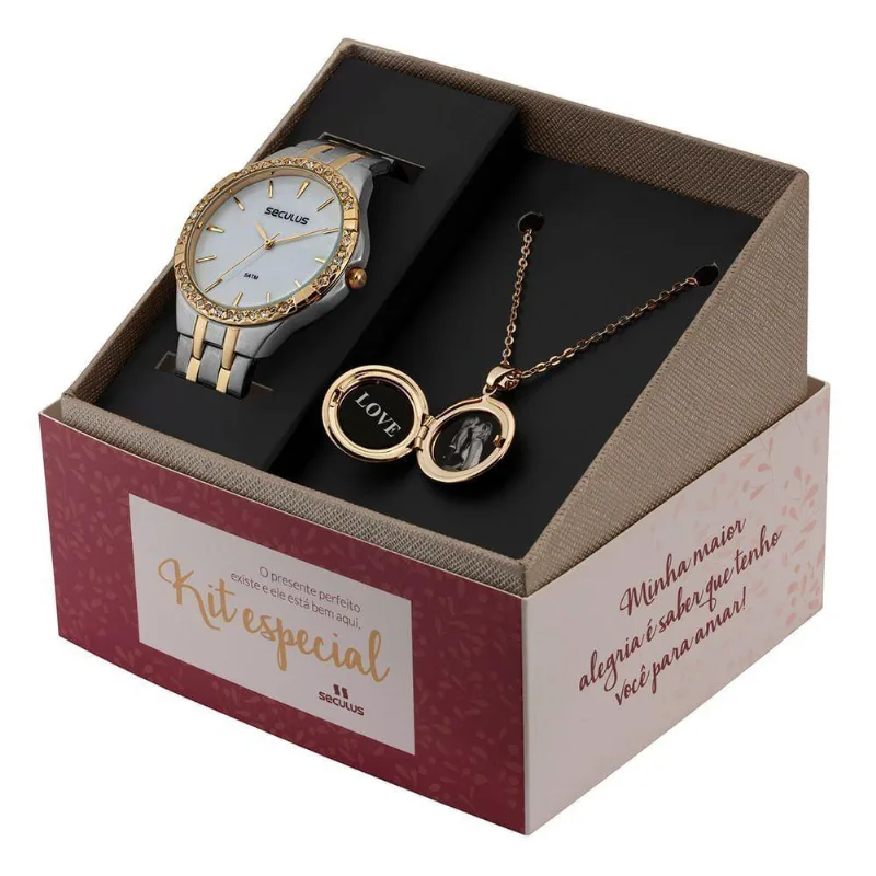Kit Relógio Feminino Casual Aço Inox Bicolor Dourado Séculus 3,2CM