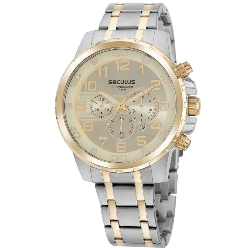 Relógio Masculino Cronógrafo Casual Bicolor em Aço Inox Dourado Séculus 3.8CM