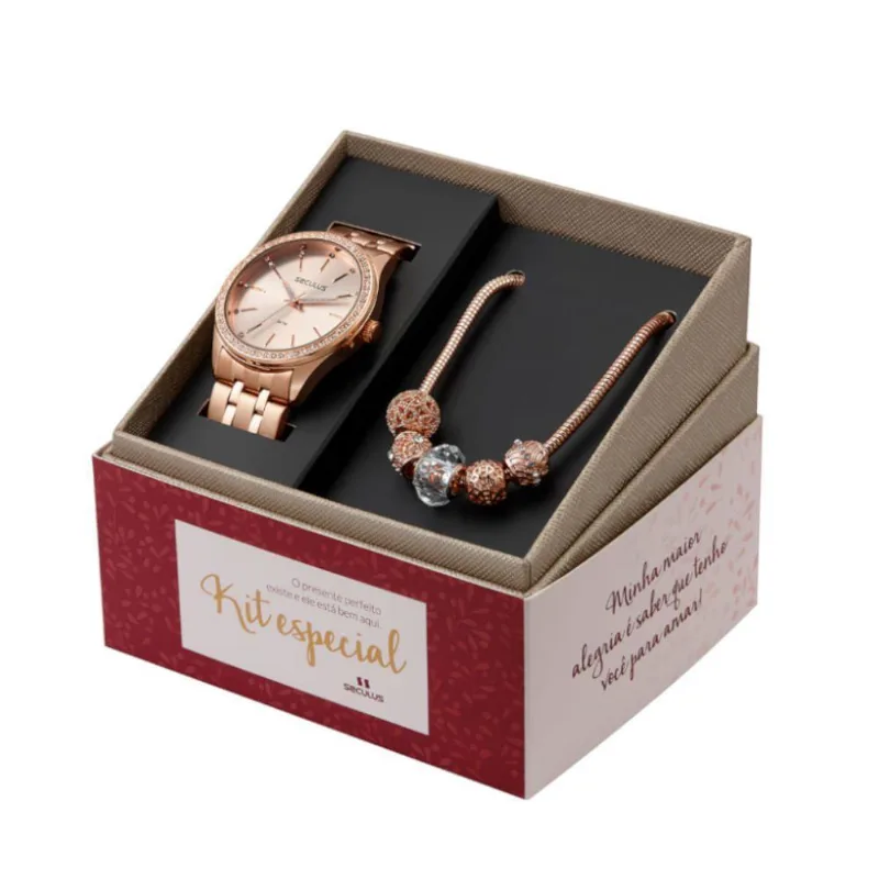 Relógio Feminino Cristais Rosé Analógico em Aço Inox com Pulseira com Pingentes Rosê Séculus