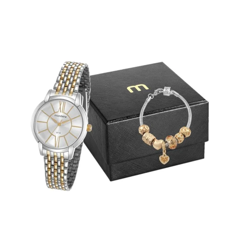 Kit Relógio Mondaine Dourado e Prata Feminino 53615LPMVBE2K