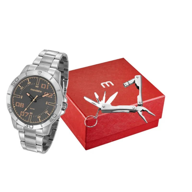 Kit Relógio Masculino Casual Prata Com Alicate Multifunção
