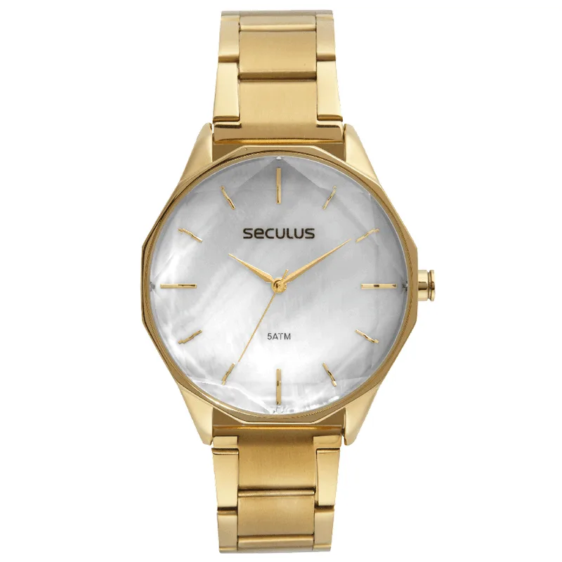Relógio Feminino Vidro Facetado Dourado