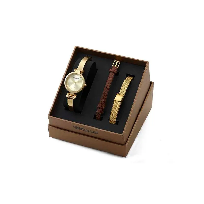 Relógio Feminino Clássico Troca Pulseira Couro Dourado