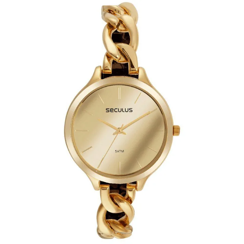 Relógio Feminino Espelhado Dourado Clássico em Aço Inox com Aplicação Espelhada Séculus