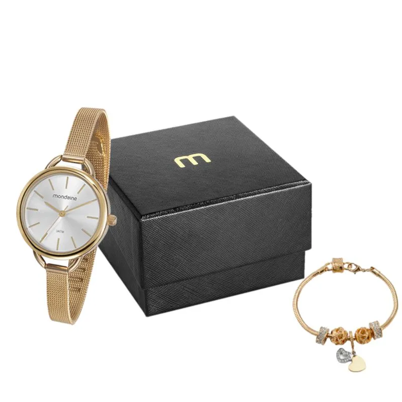 Kit Relógio Feminino Malha de aço Dourado