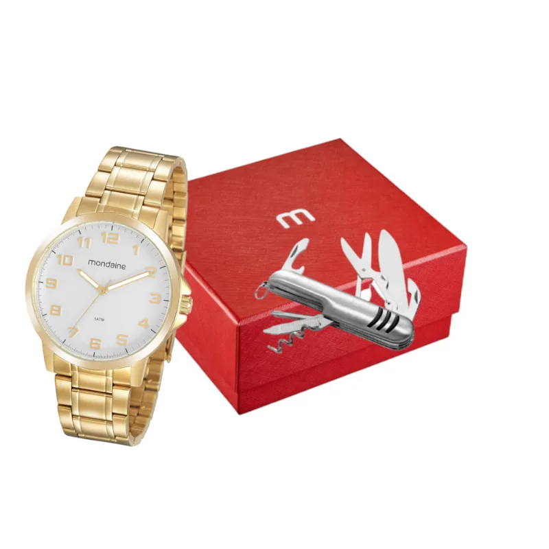 Kit Relógio Masculino Dourado Com Canivete