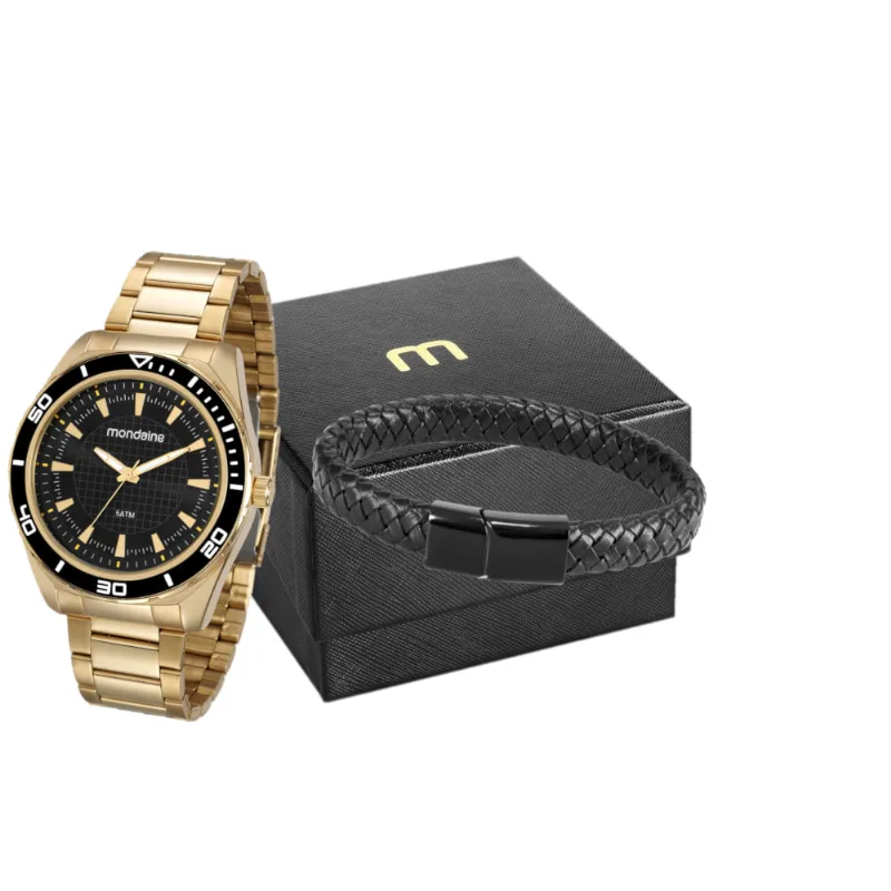 Kit Relógio Masculino Dourado com Pulseira