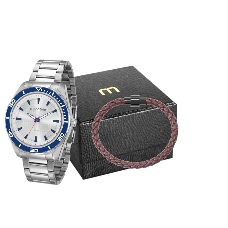 Kit Relógio Masculino Casual Prata