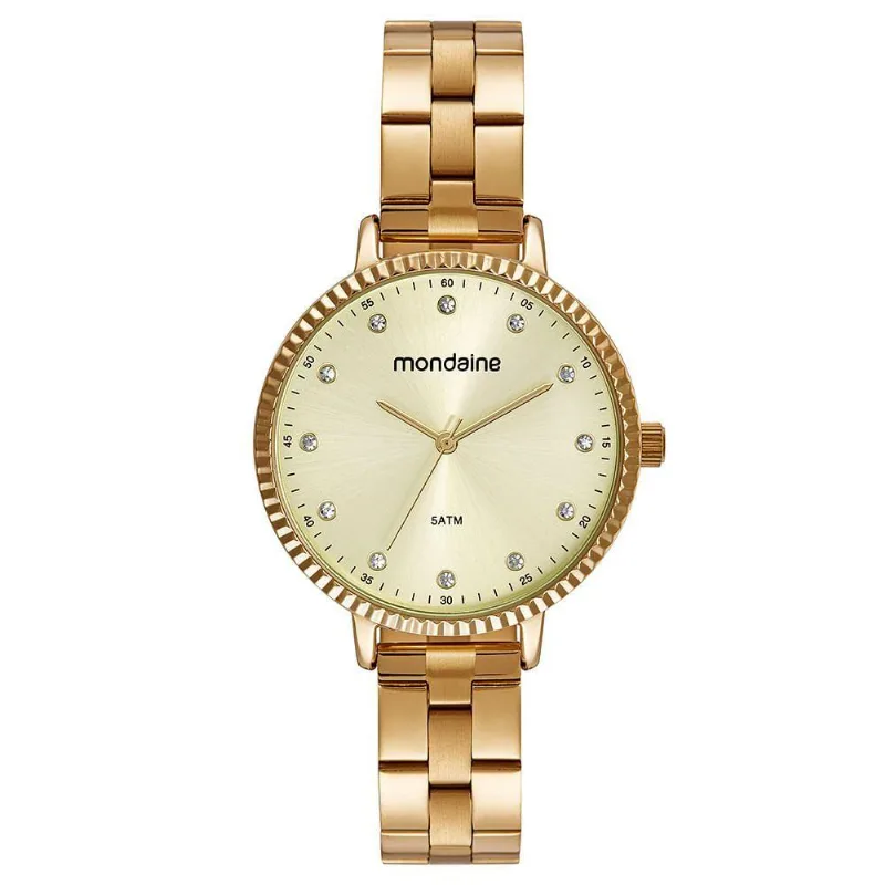 Relógio Feminino Cristais Analógico Pulseira Aço Inox Dourado Mondaine