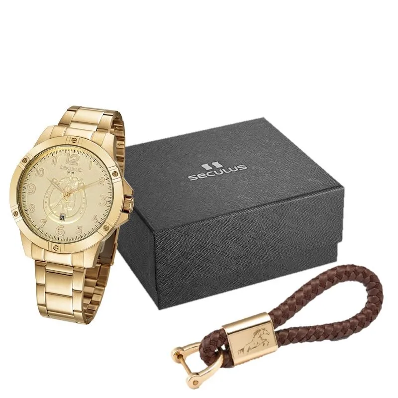 Kit Relógio Masculino Country Dourado