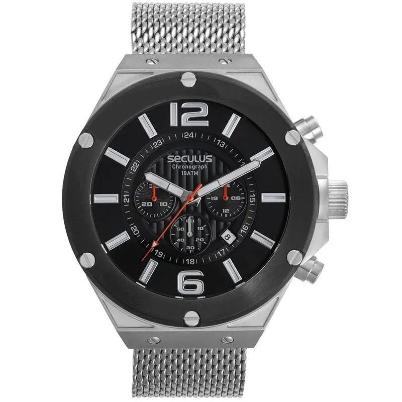 Relógio Masculino Cronógrafo Malha de Aço Prata 52mm Séculus