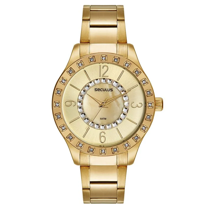 Relógio Feminino Madrepérola Cristais Dourado
