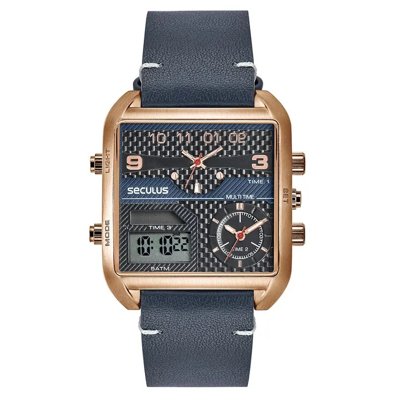 Relógio Masculino Anadigi Quadrado Couro Rosé