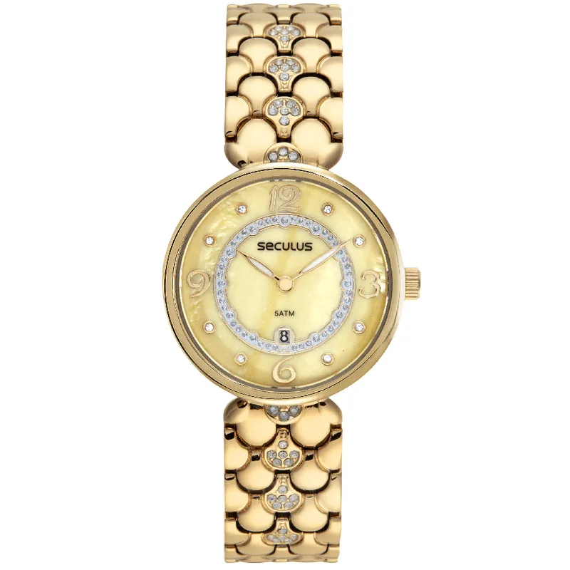 Relógio Feminino Madrepérola Cristais Dourado