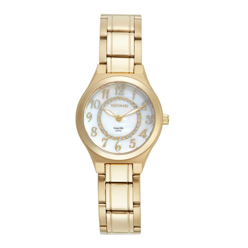 Relógio Feminino Madrepérola Cristais Dourado