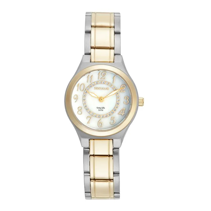 Relógio Feminino Madrepérola Cristais Bicolor