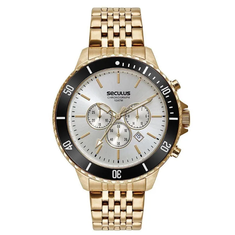 Relógio Masculino Cronógrafo Aço Dourado em Aço Inox com Fecho de Pressão Séculus 5CM