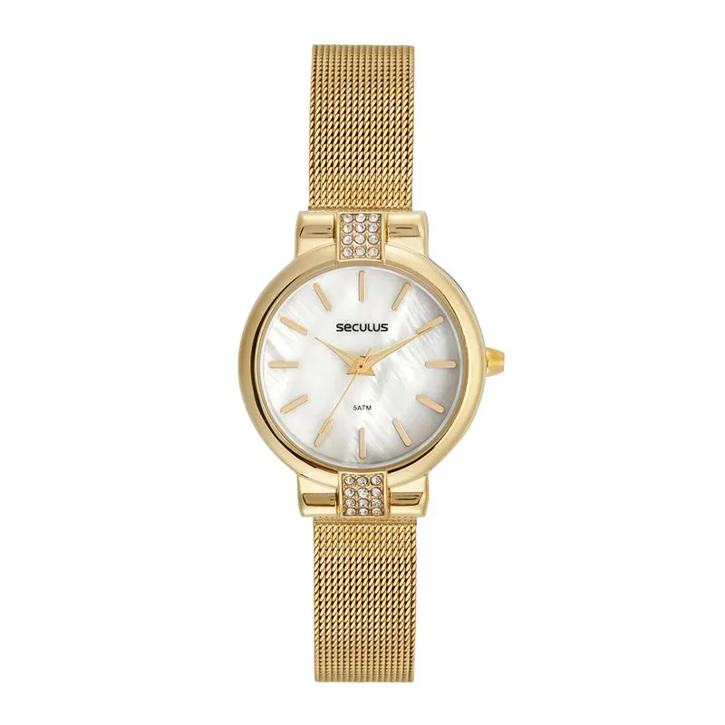Relógio Feminino Madrepérola Cristais Dourado
