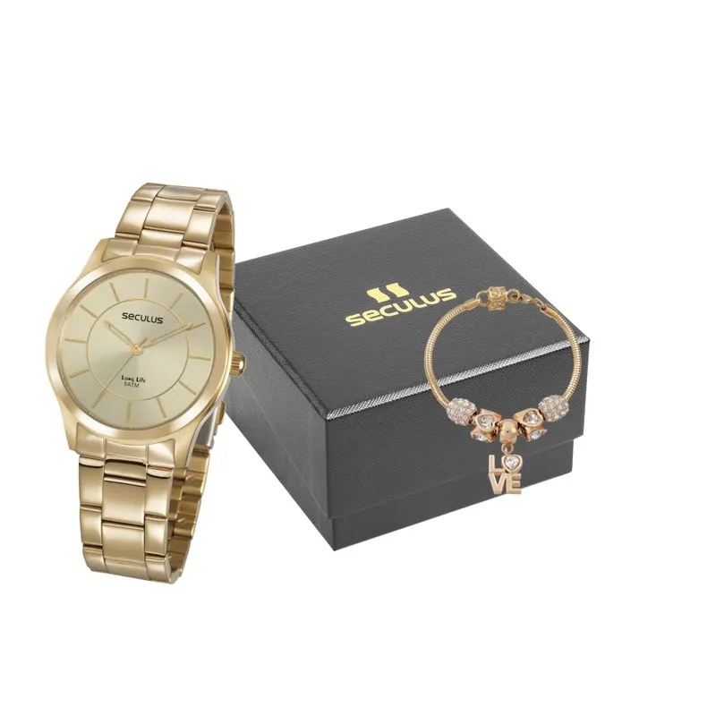 Kit Relógio Feminino Pulseira Dourado