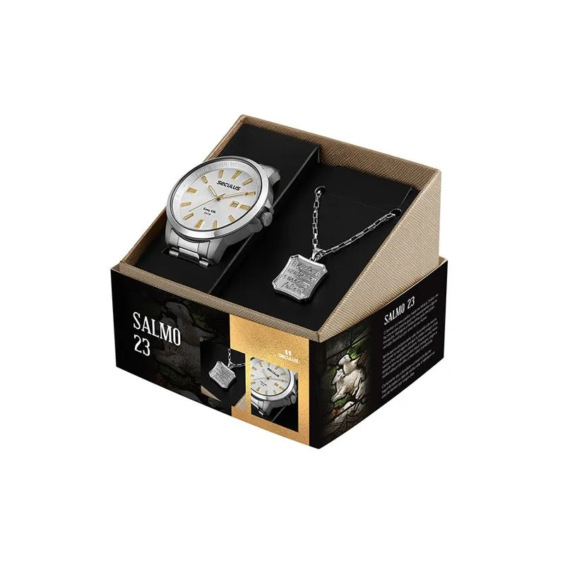 Kit Relógio Masculino Salmo 23 Prata