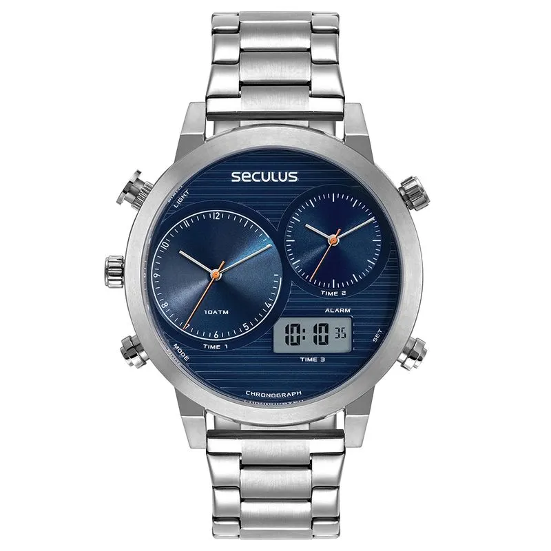 Relógio Masculino Aço Dual Time Prata