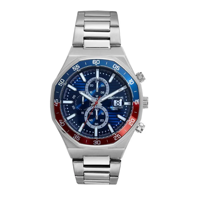 Relógio Masculino Troca Caixa Prata Cronógrafo Aço Inox com Dual Time e Efeito Lupa Séculus 48MM