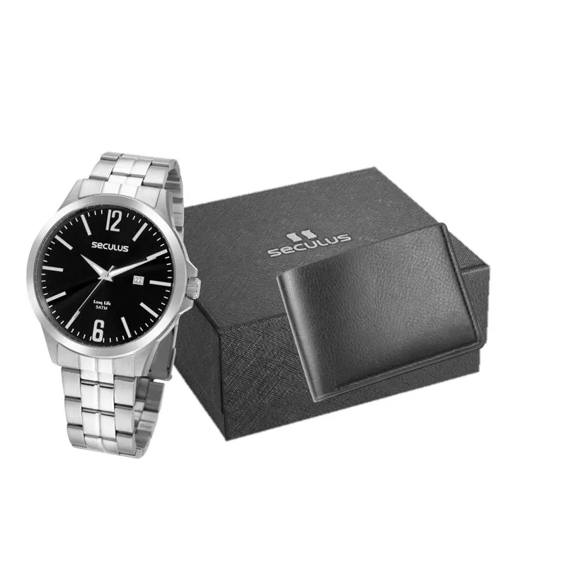 Kit Relógio Masculino Aço Prata Com Carteira