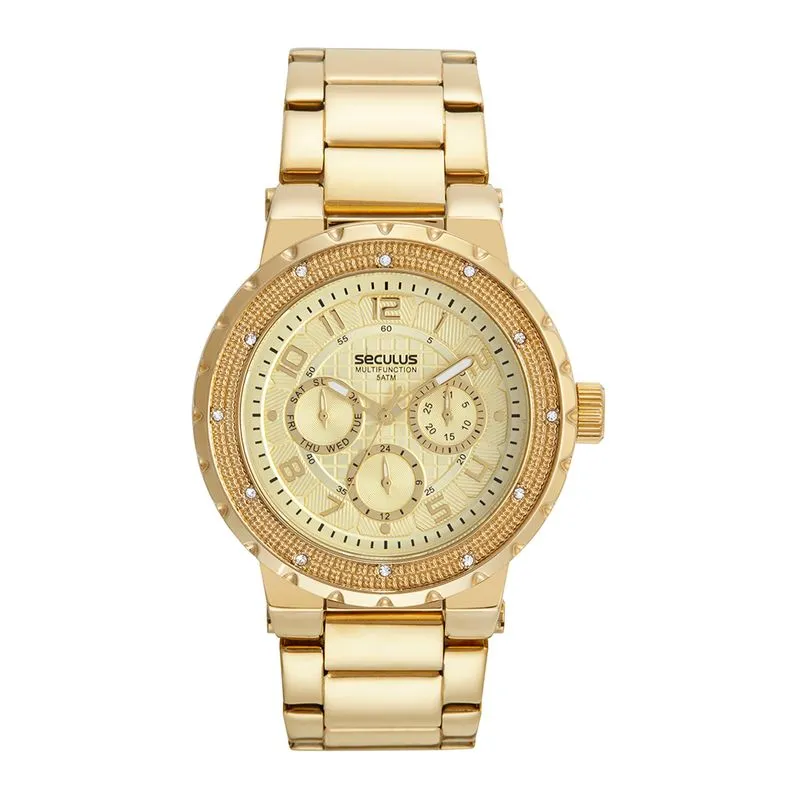 Relógio Feminino Multifunção Cristais Dourado