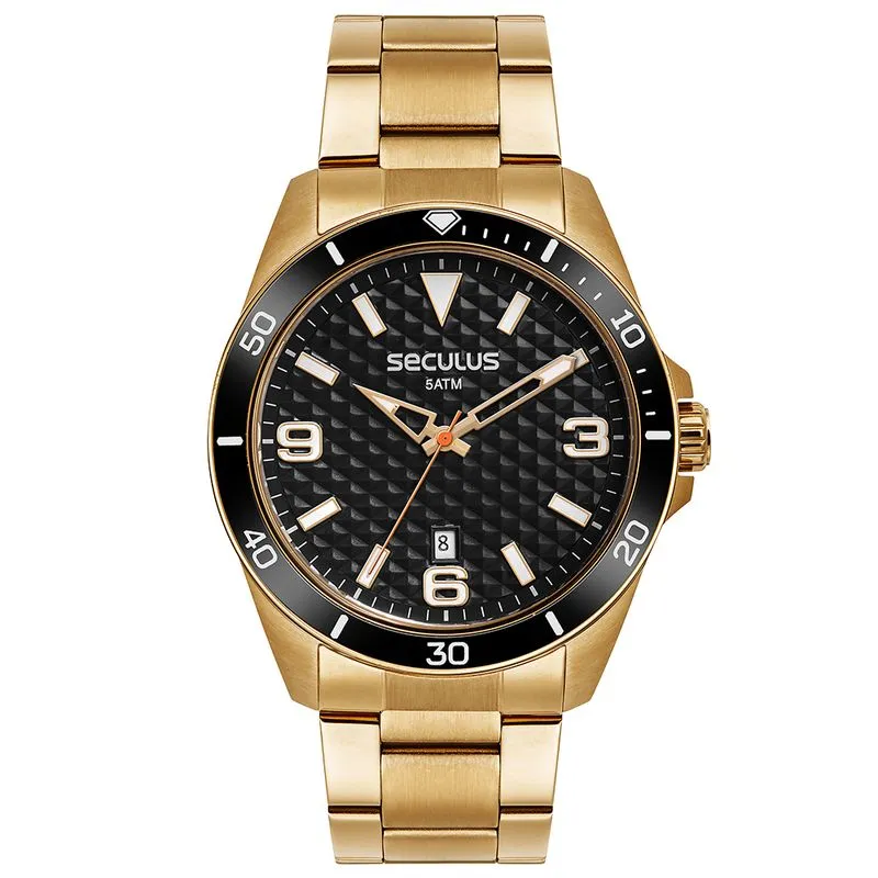 Relógio Masculino Aço Casual Calendário Dourado
