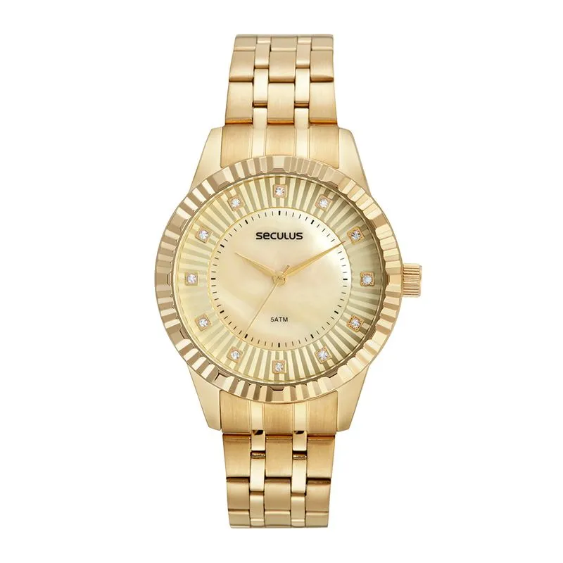 Relógio Feminino Madrepérola Cristais Dourado