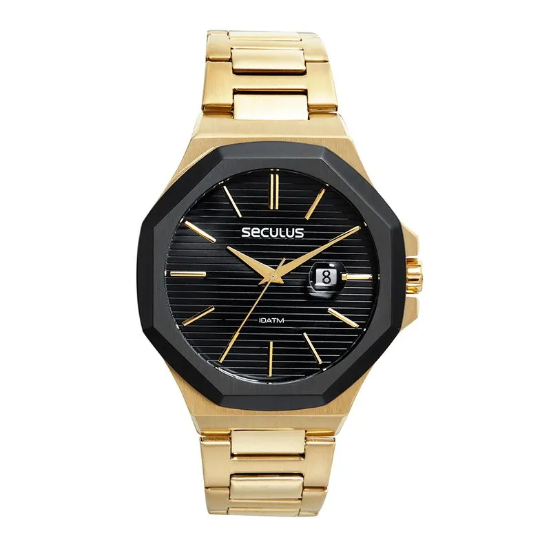 Relógio Masculino Aço Calendário Com Lupa Dourado