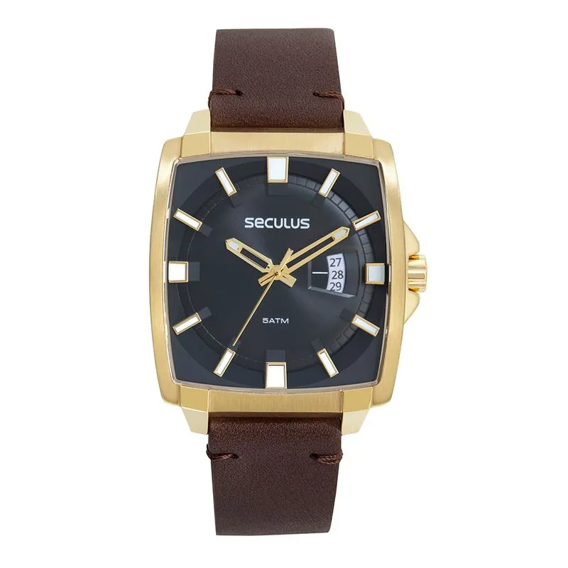 Relógio Masculino Quadrado Couro Dourado